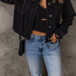 Women's Black Frayed Trim Button Down Denim Jacket