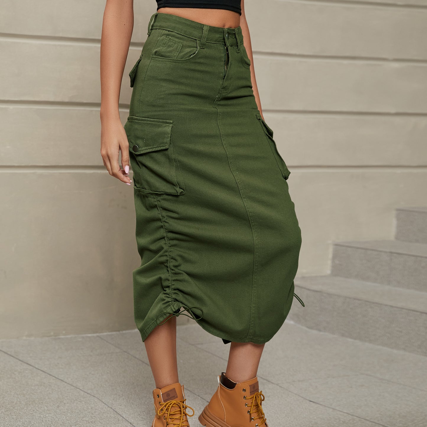 Women's Drawstring Ruched Slit Denim Midi Skirt