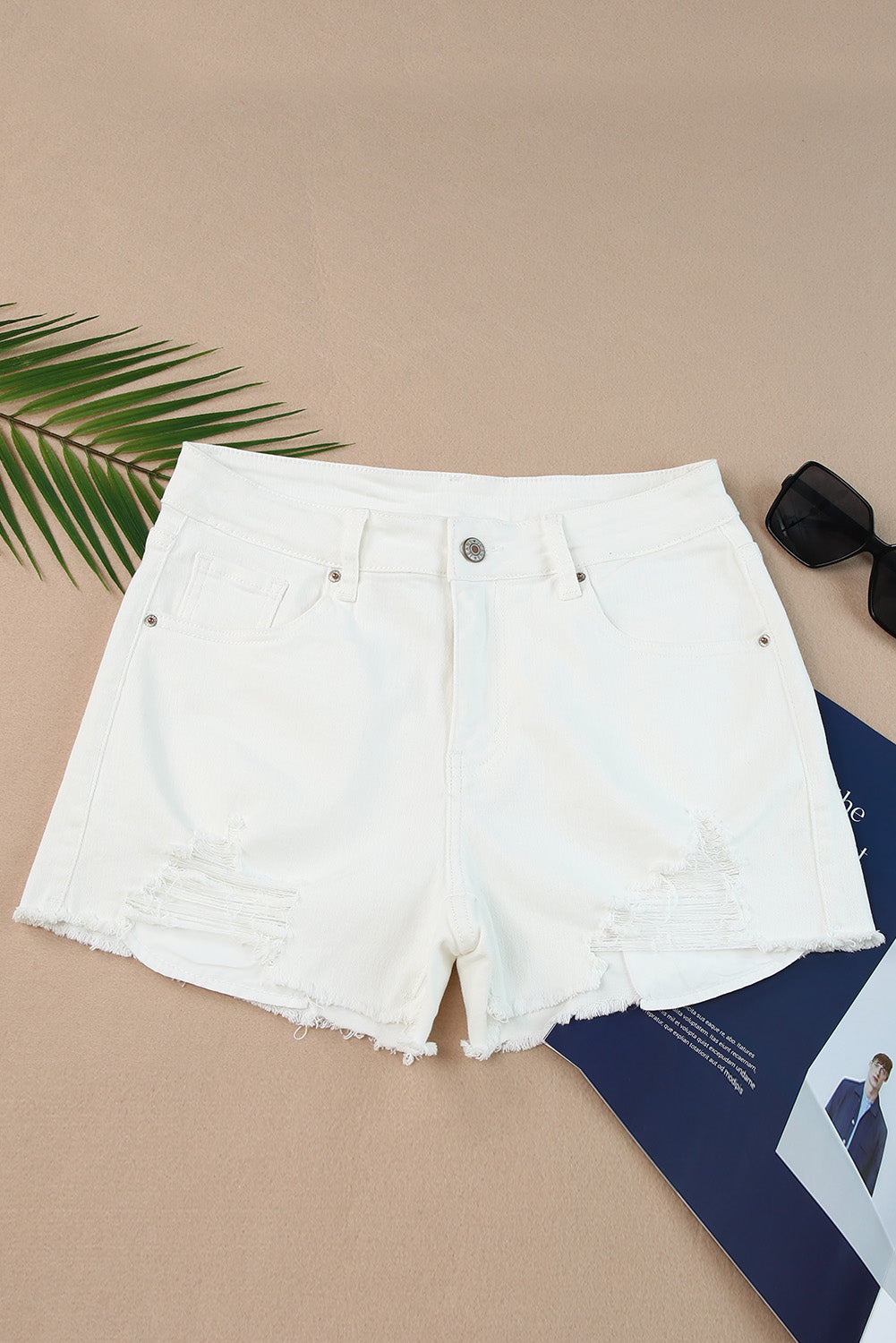 Women's Frayed Hem Distressed Denim Shorts with Pockets