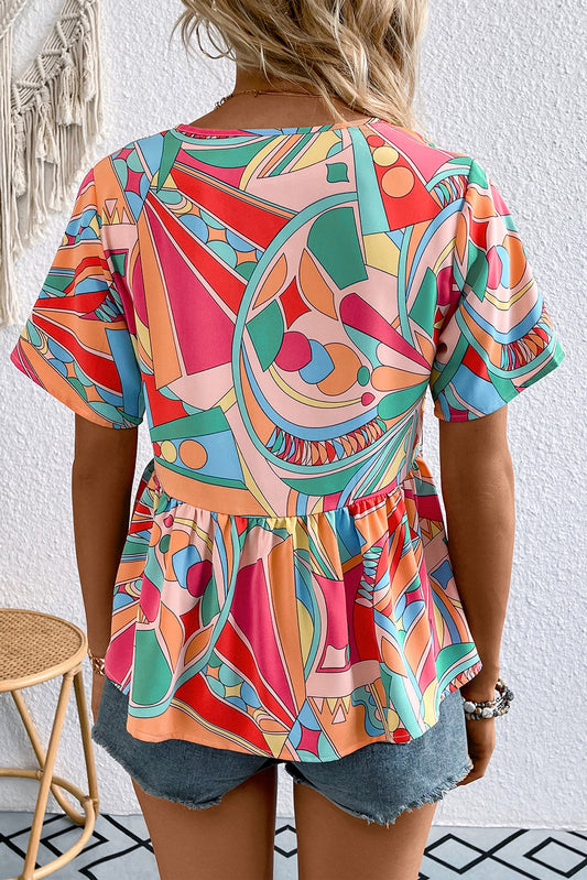 Women's Printed Tie Neck Short Sleeve Blouse