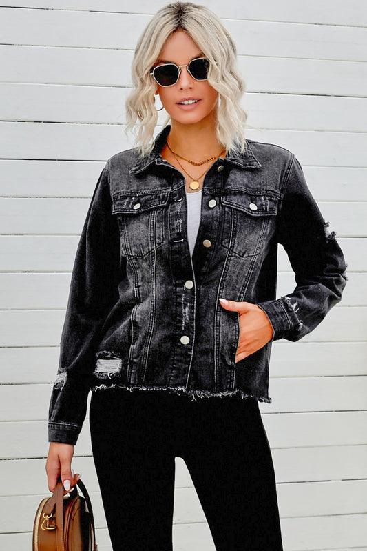 Women's Distressed Raw Hem Denim Jean Jacket